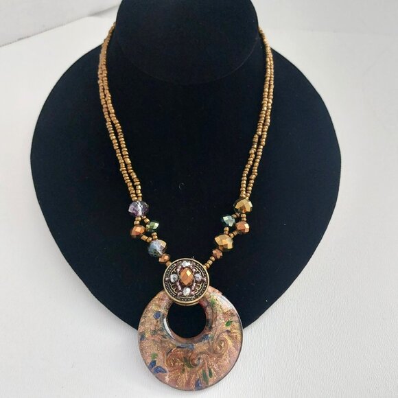 Boho Artisan Glass Pendant Necklace Bronze Beaded Statement Jewelry Maximalism - Picture 3 of 11